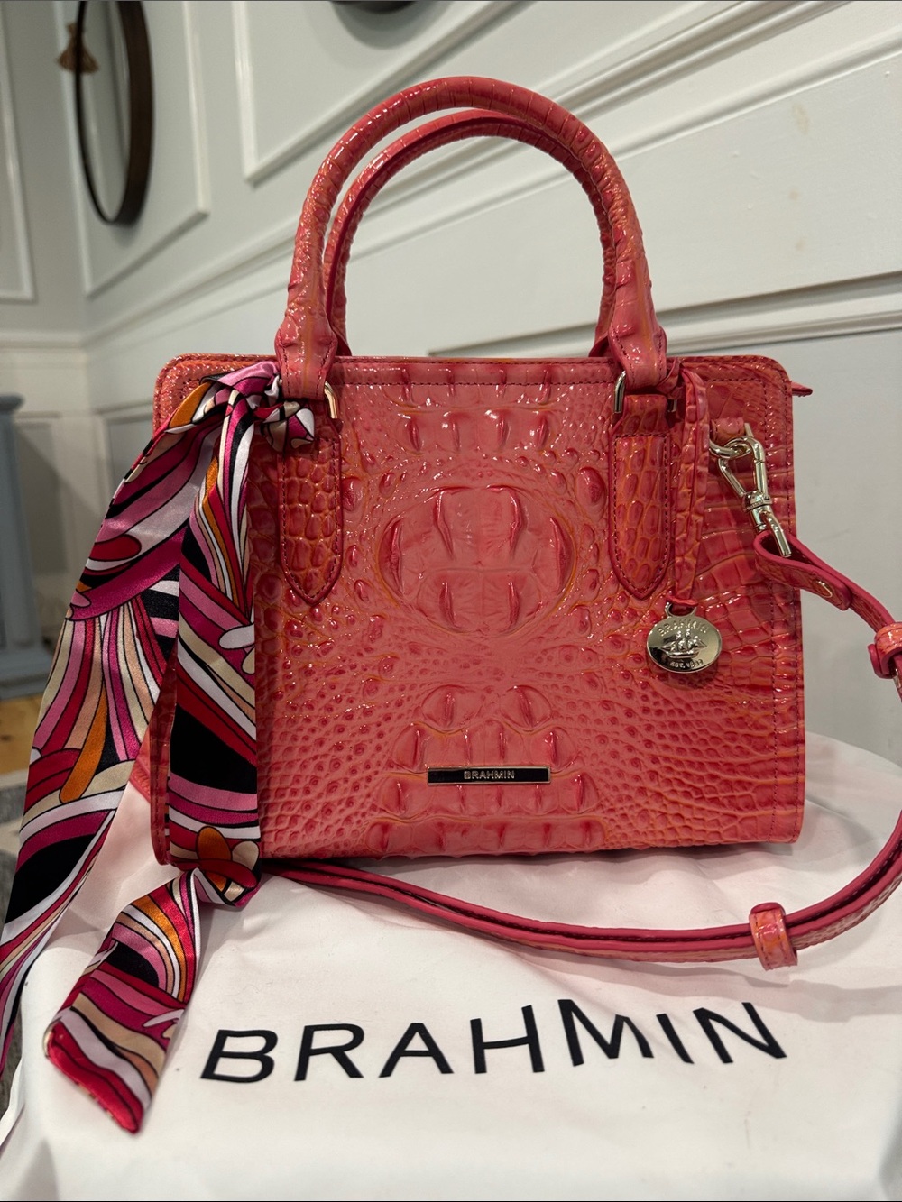 Brahmin Bag Cami Coral Snapdragon Melbourne Croc Leather Satchel Tote Crossbody - Picture 4 of 17